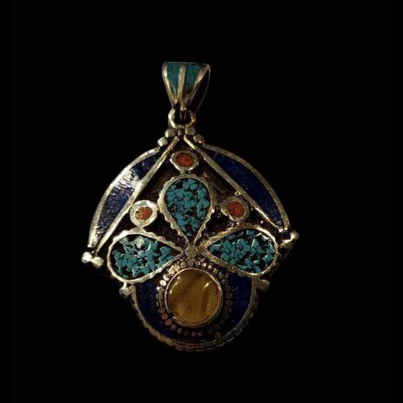 NEW Tibetan Pendant - Turquoise, Coral, Lapis, Green Stone & Tibetan Silver - Picture 1 of 5